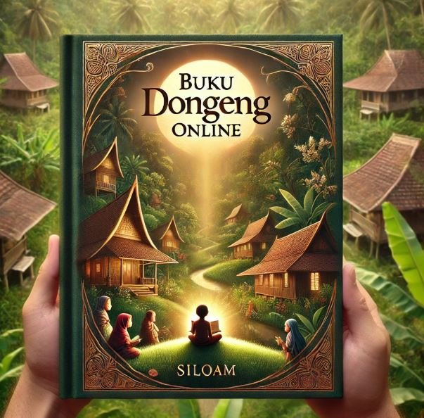 The image is a realistic and enchanting book cover design for "BUKU DONGENG ONLINE - SILOAM." It features a serene and magical Indonesian village setting. In the foreground, children are sitting on a traditional mat, engrossed in reading a glowing storybook. The lush greenery and traditional Indonesian houses in the background create a warm, inviting atmosphere. The title "BUKU DONGENG ONLINE - SILOAM" is prominently displayed in elegant, classic serif font, harmonizing with the authentic and timeless theme. The overall design captures the essence of storytelling and cultural richness.